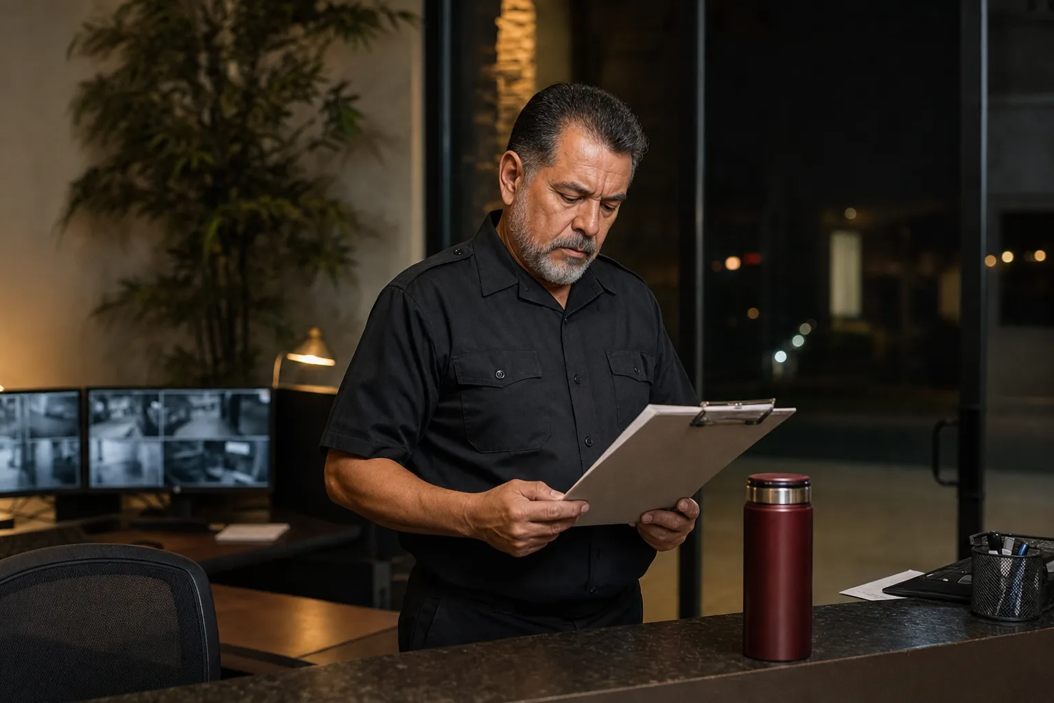 A security company owner reviewing shift schedules at an office lobby desk at night