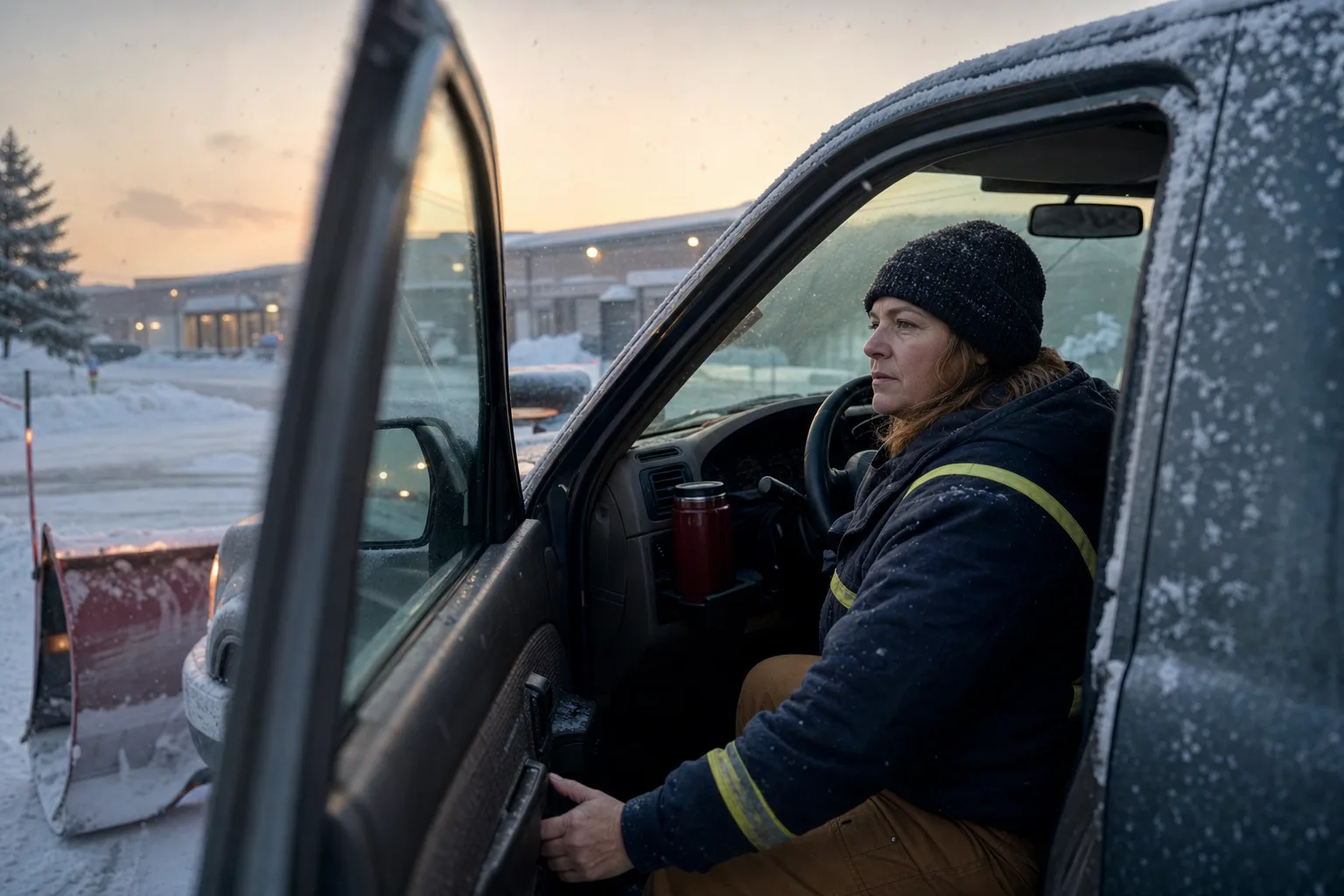 A snowplow operator in her truck at dawn, plow blade down in a snowy parking lot
