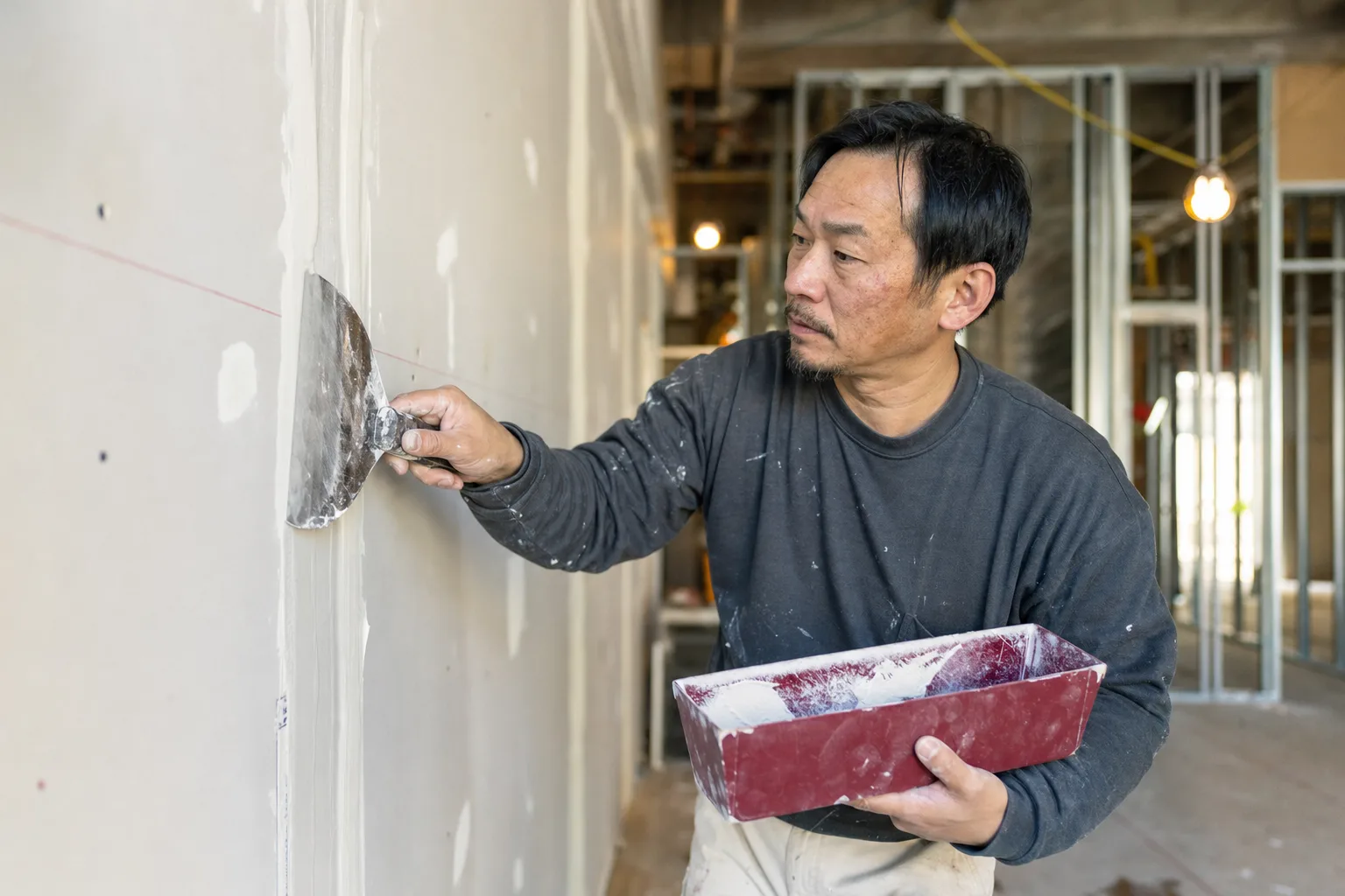 A drywall subcontractor taping seams on a commercial job site