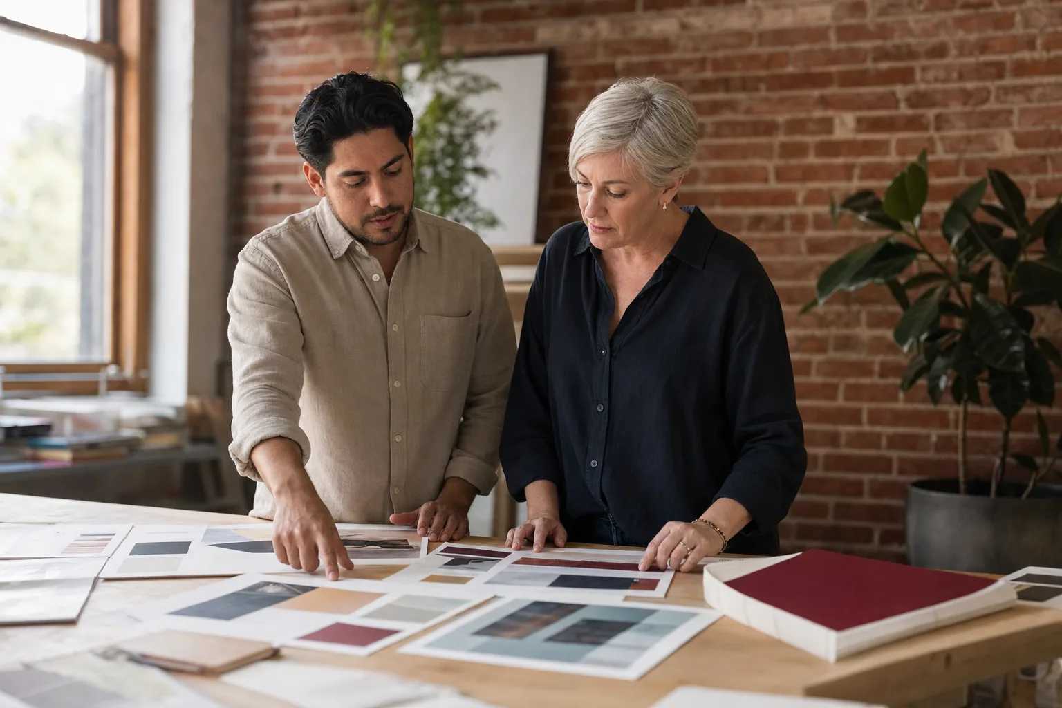 Two people at a creative agency reviewing printed layouts on a studio table