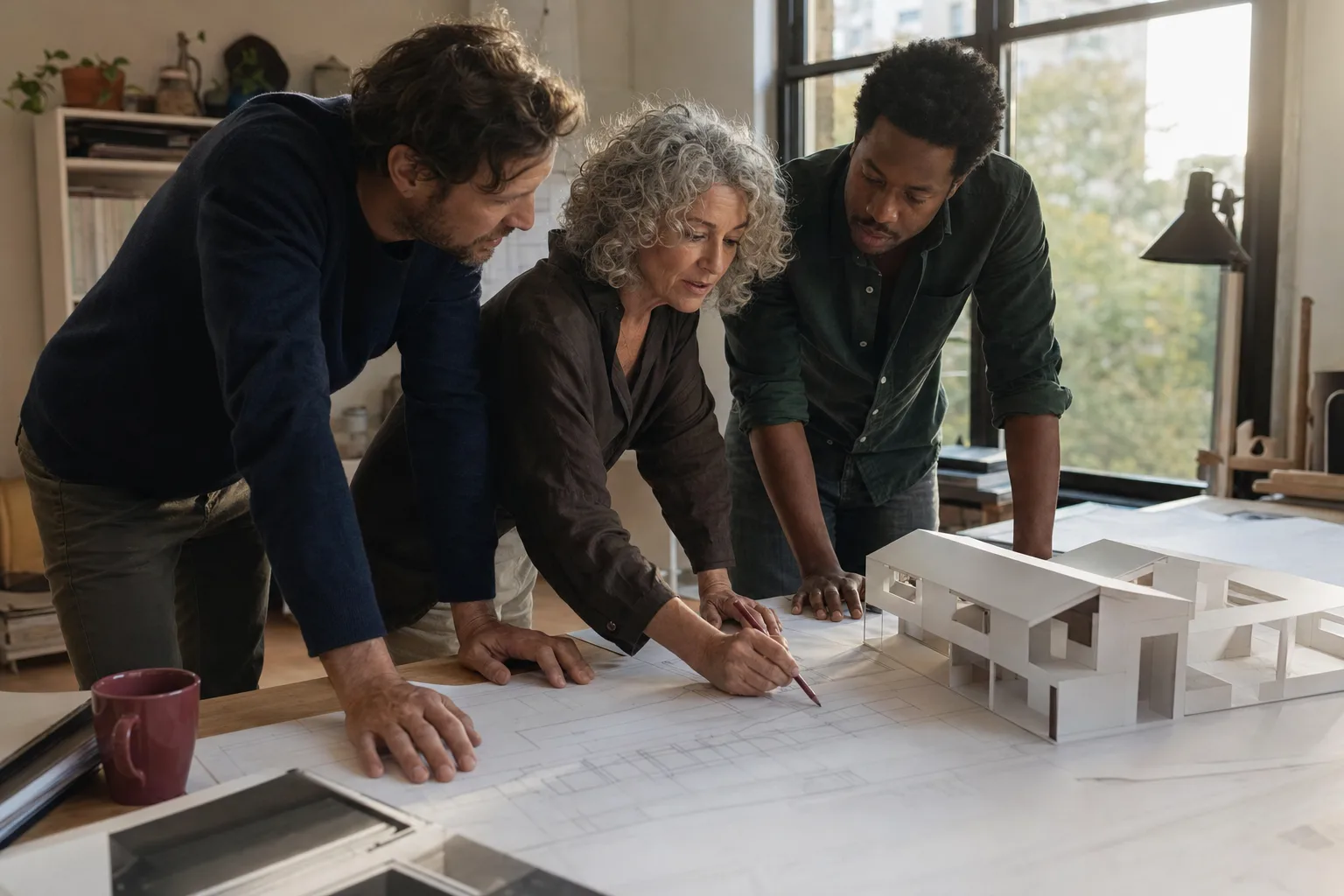 An architect marking up drawings with two colleagues at a drafting table