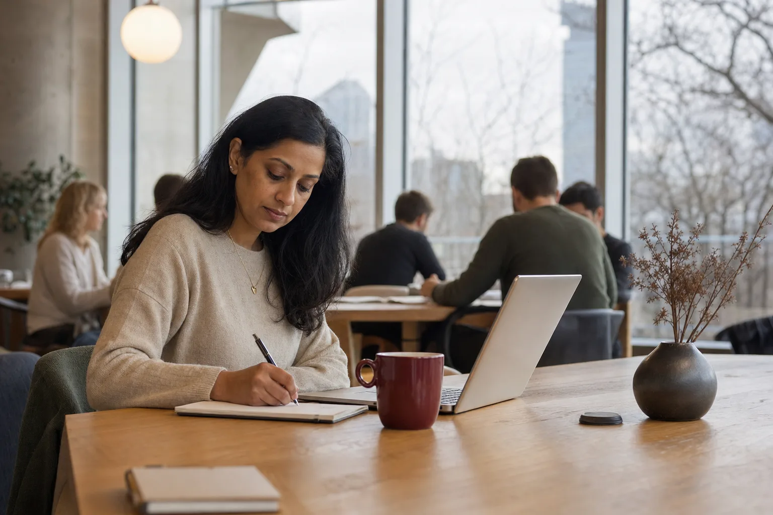 An independent consultant working through her week's hours at a co-working table