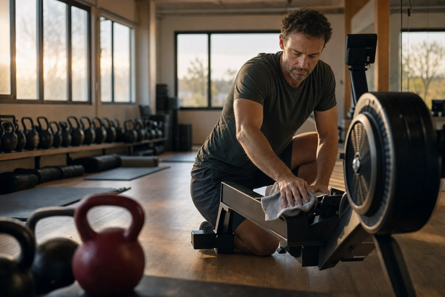 A fitness studio owner wiping down equipment in an empty studio before the morning class