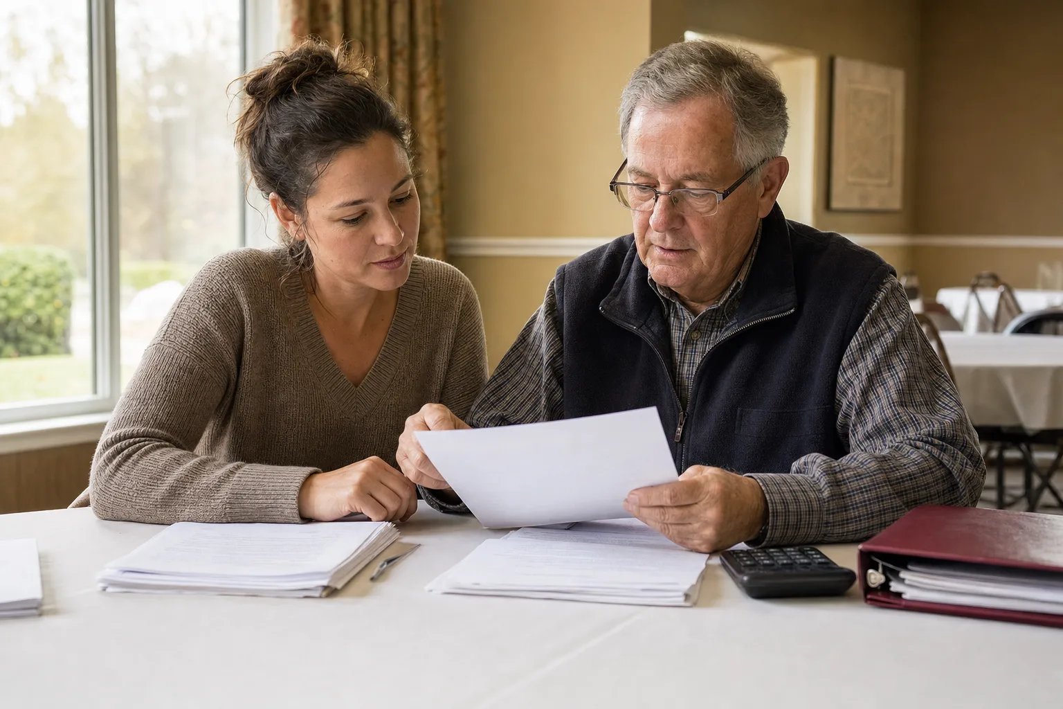 A volunteer HOA treasurer reviewing papers at a community clubhouse table