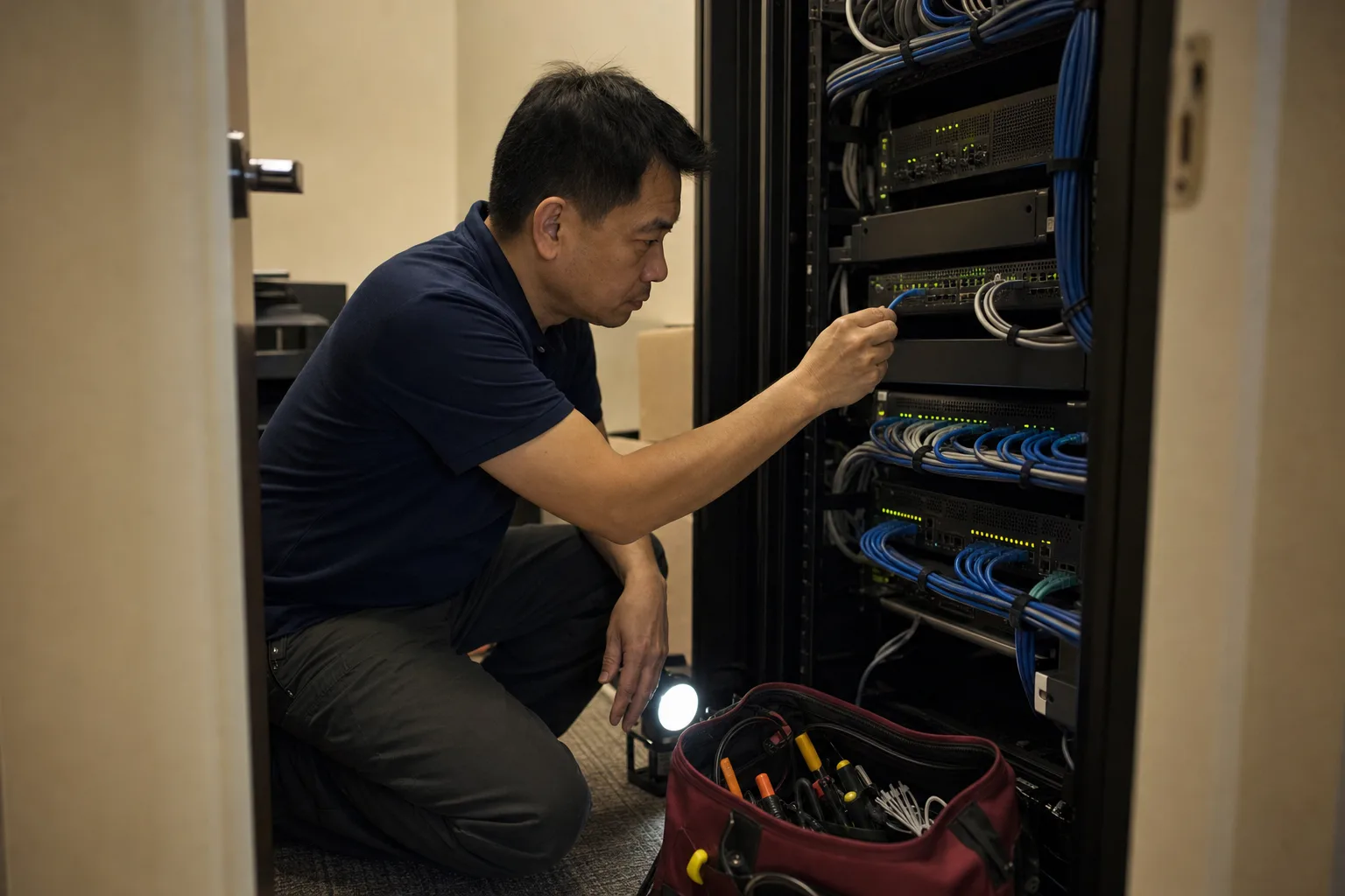 An IT technician setting up a network switch in a small office's equipment closet