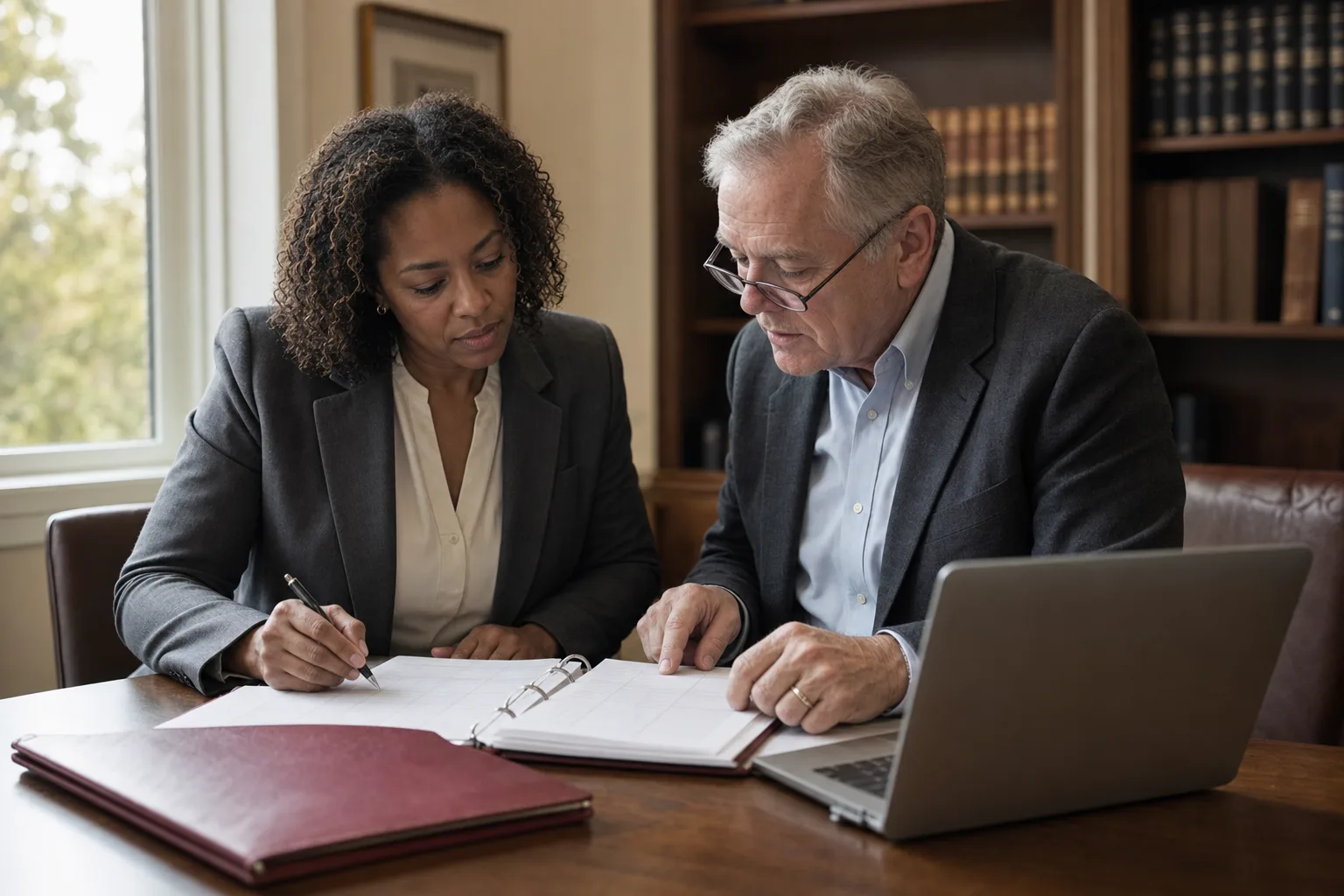 A lawyer at a small firm going through a client ledger with her bookkeeper