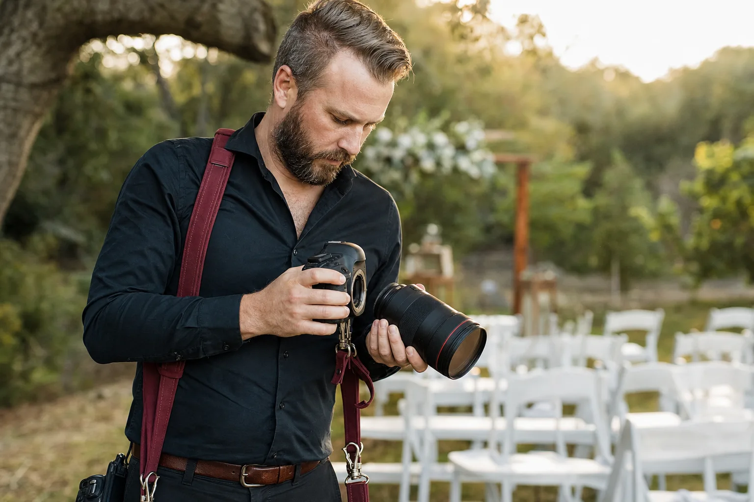 A wedding photographer changing lenses at an outdoor ceremony venue