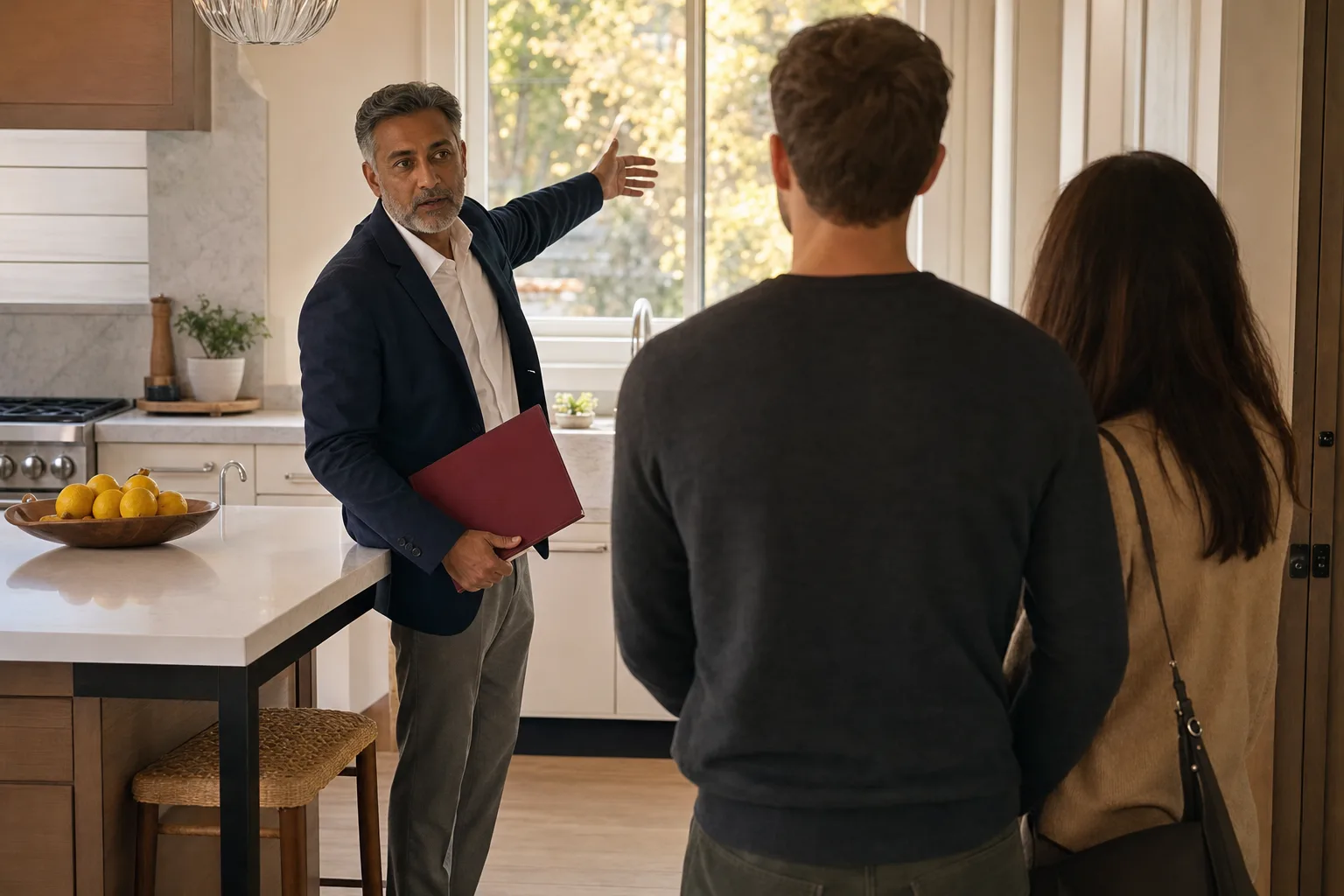 A real estate agent walking a buyer couple through the bright kitchen of a house for sale