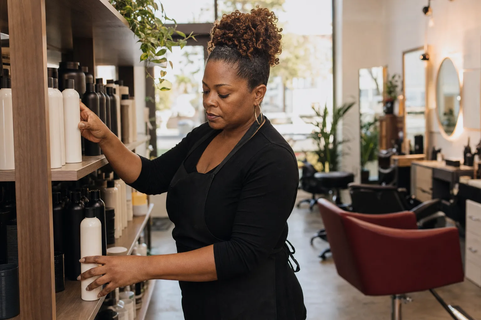A salon owner restocking retail shelves of hair products between clients