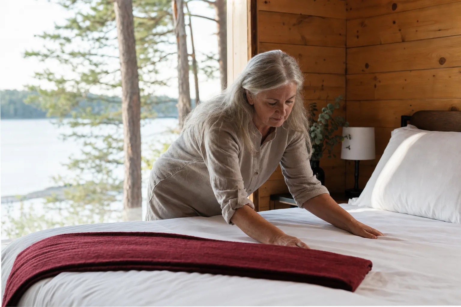 A vacation rental host making up a bed with fresh linen in a bright cabin bedroom