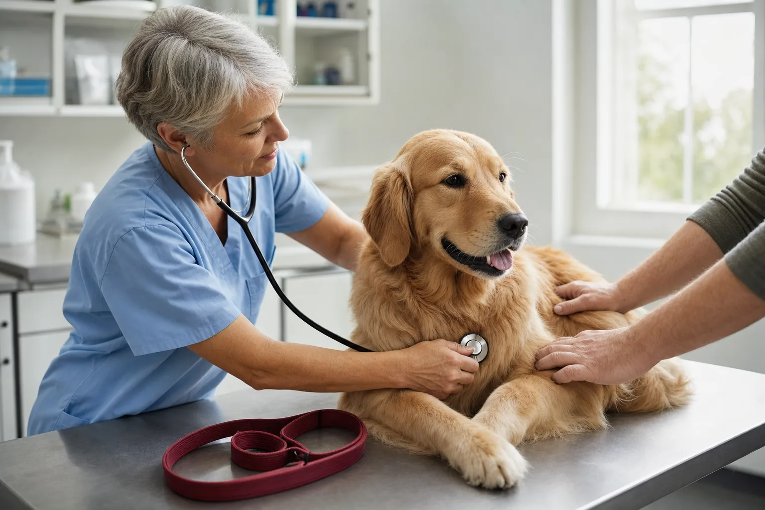 A veterinarian gently examining a dog on a clinic table while the owner's hands steady it