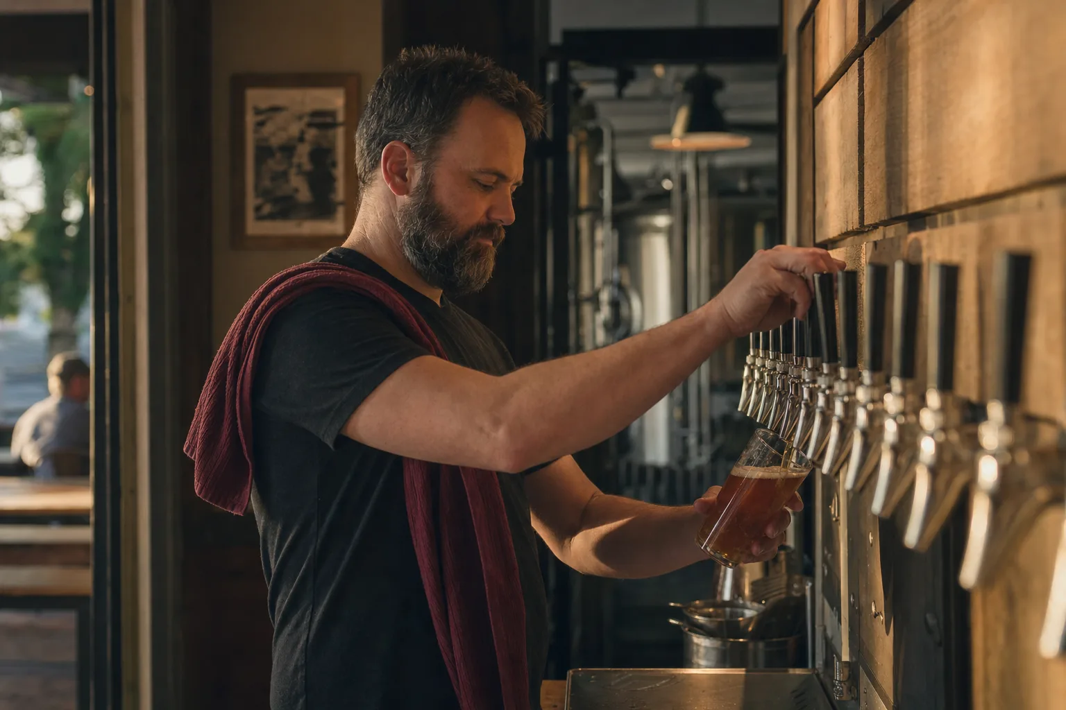 A taproom owner pouring a beer from a row of taps