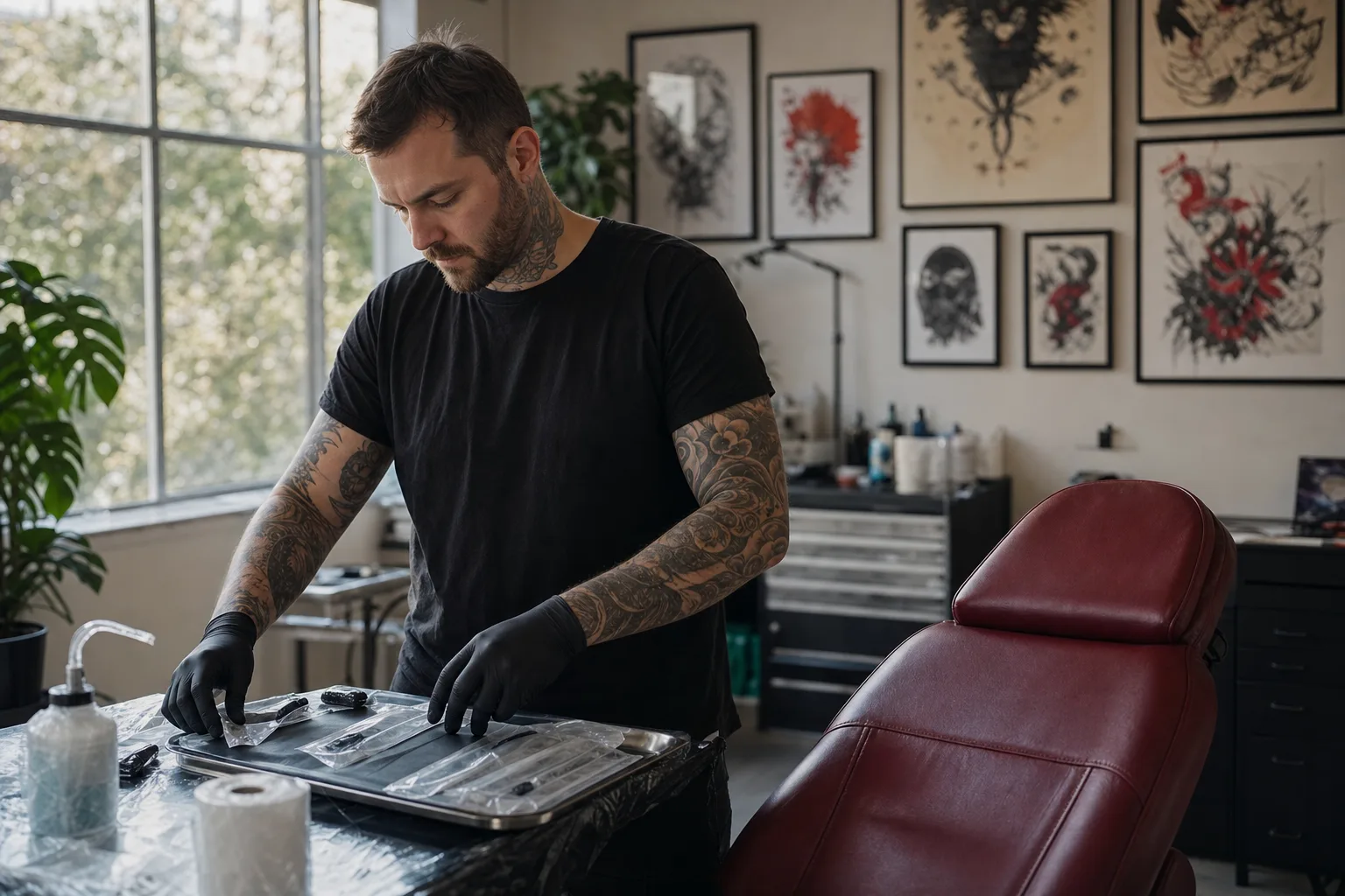 A tattoo artist setting up a tidy workstation in a bright studio