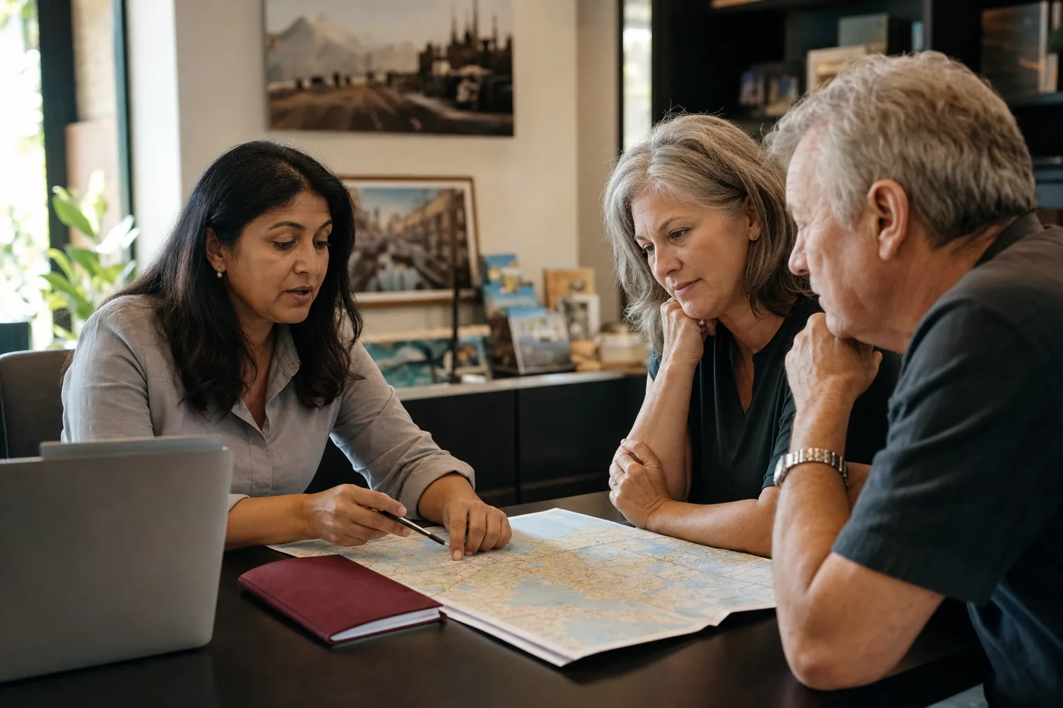 A travel agent planning a trip with an older couple