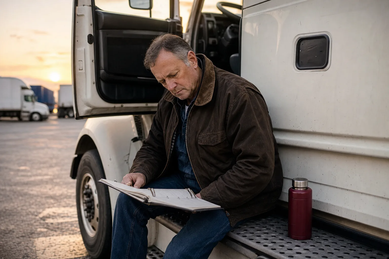 An owner-operator checking a binder on the step of his truck cab
