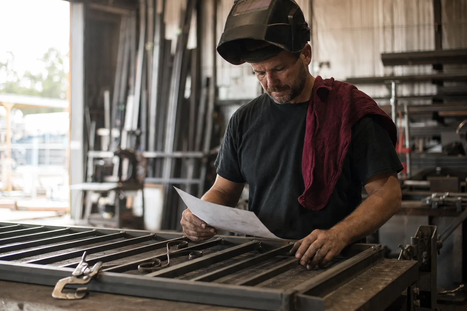 A welding shop owner checking a job sheet beside a freshly welded steel gate