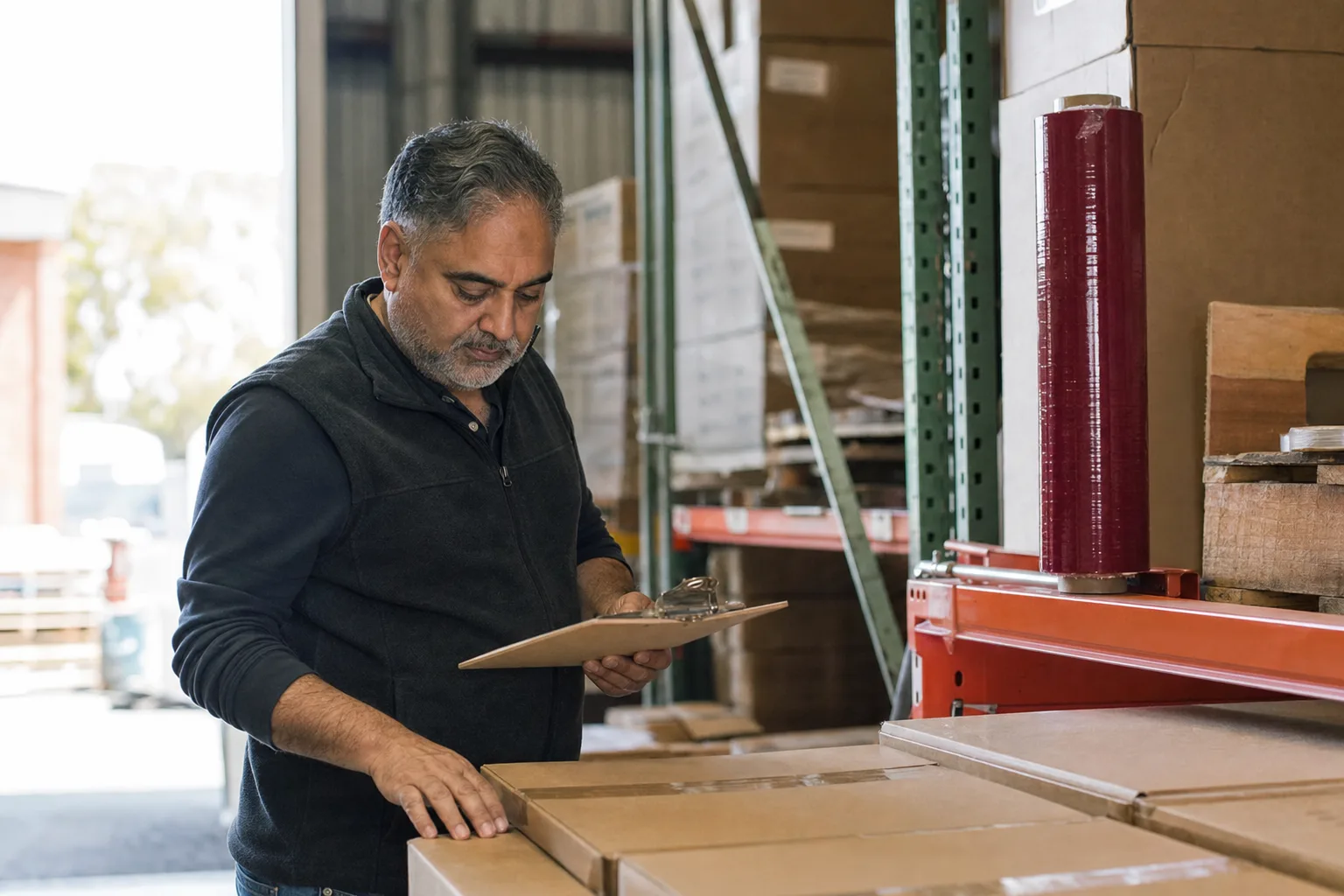 A distributor checking cartons on a pallet against a packing list