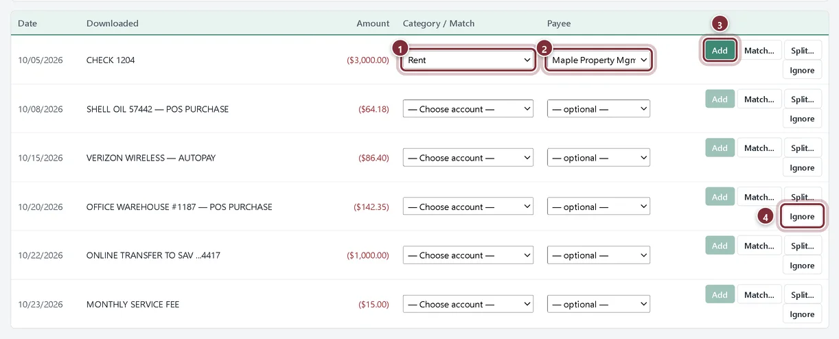 A check line with Rent chosen as the category and Maple Property Mgmt as the payee, ready to add
