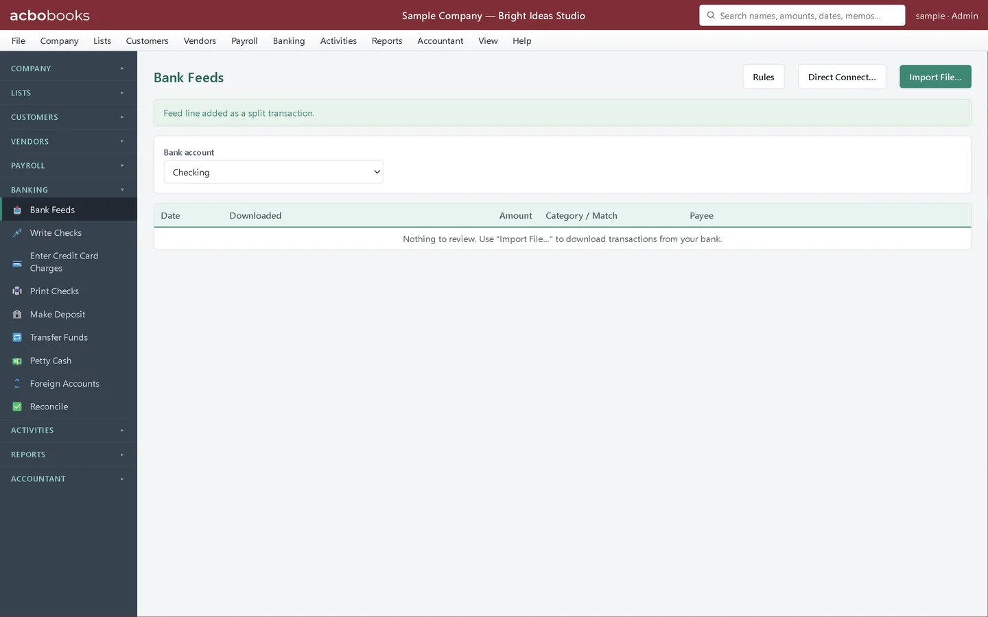 Bank Feeds for Checking with nothing left to review after the split was added