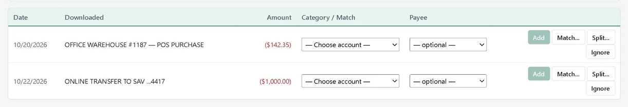 Bank Feeds with two lines left: an Office Warehouse purchase and an online transfer to savings