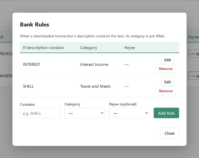 Bank Rules list with two rules: INTEREST to Interest Income and SHELL to Travel and Meals