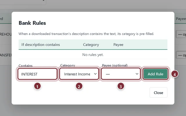 Bank Rules window with a new rule: description contains INTEREST, category Interest Income