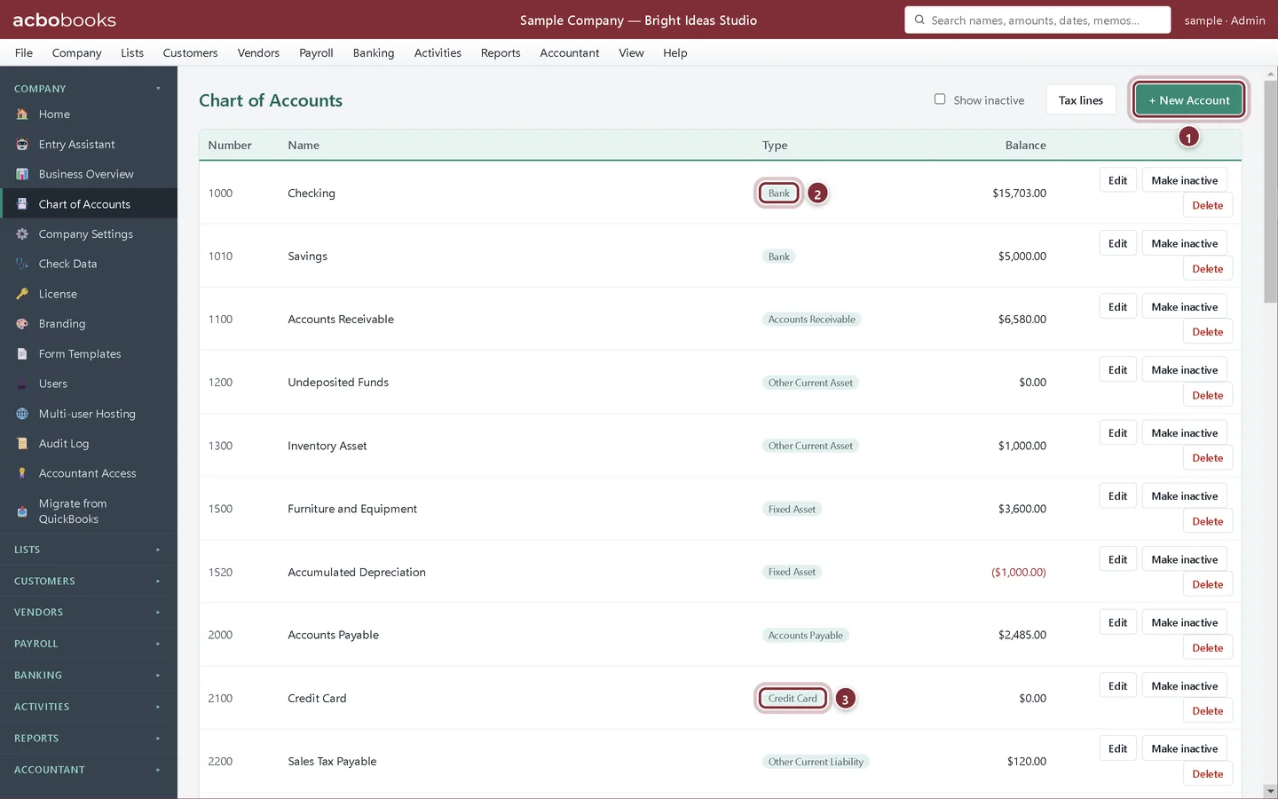 Chart of Accounts with callouts on the New Account button, a Bank account type and a Credit Card account type