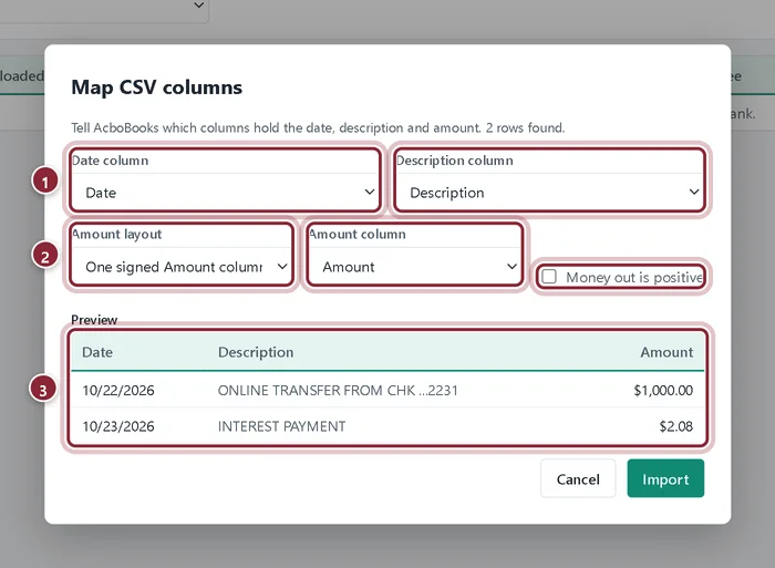 Map CSV columns window with Date, Description and Amount columns chosen and a two-row preview