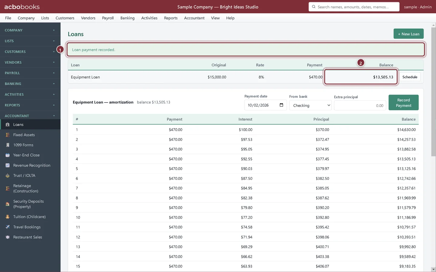 Loan payment recorded and the Equipment Loan balance reduced