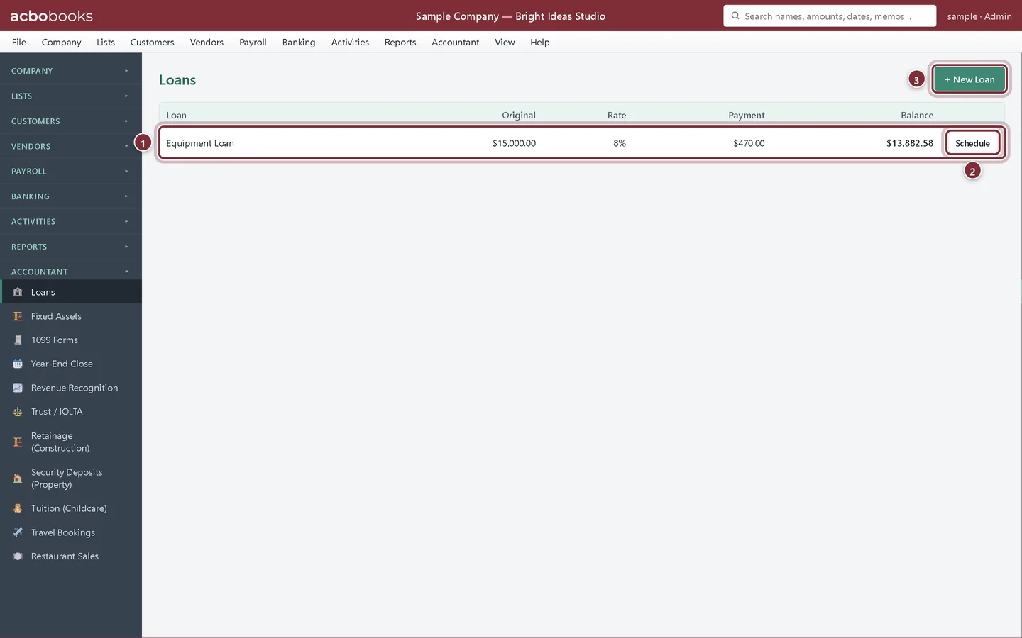 Loans list with the Equipment Loan, its rate, payment and balance