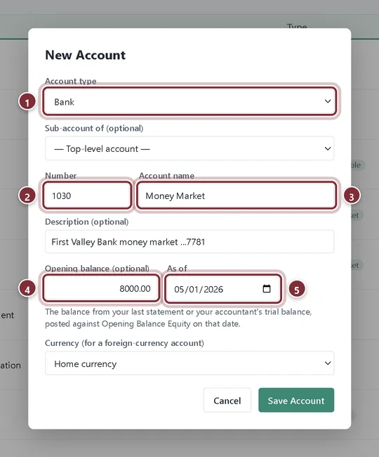 New Account form filled in for a Money Market bank account with an opening balance of 8,000.00