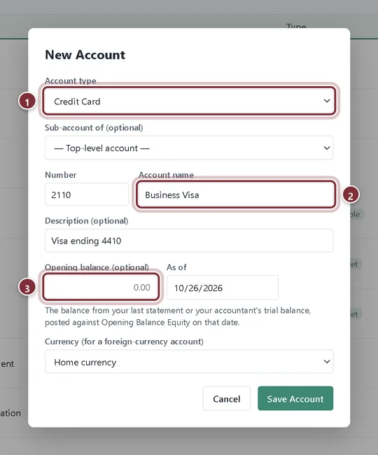 New Account form filled in for a Business Visa credit card account
