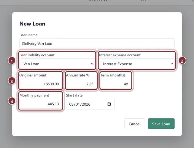 New Loan form for a Delivery Van Loan of 18,500.00 at 7.25% over 48 months with a 445.13 monthly payment