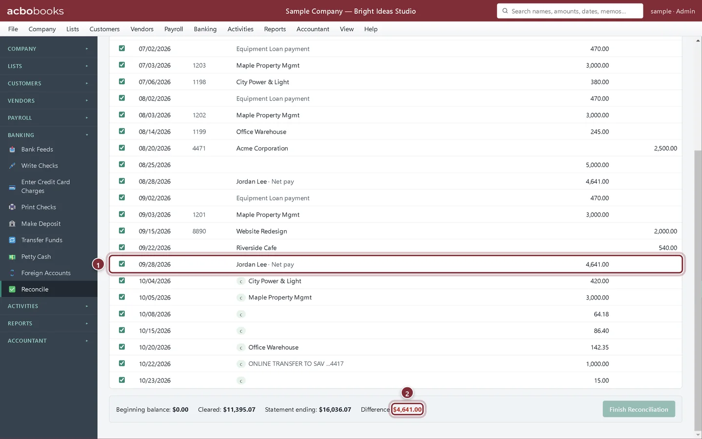 Reconcile screen with a difference of $4,641.00 matching an uncashed paycheck that was ticked by mistake