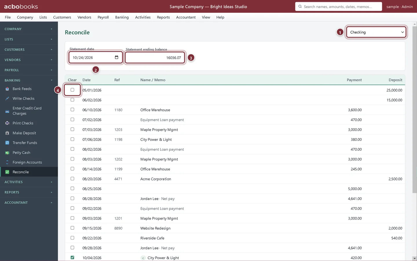 Reconcile screen for Checking with the statement date and ending balance entered
