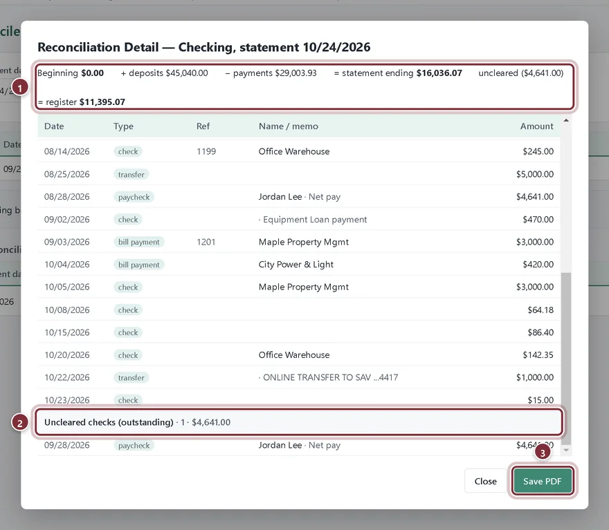 Reconciliation Detail report showing cleared items, one outstanding paycheck and the Save PDF button