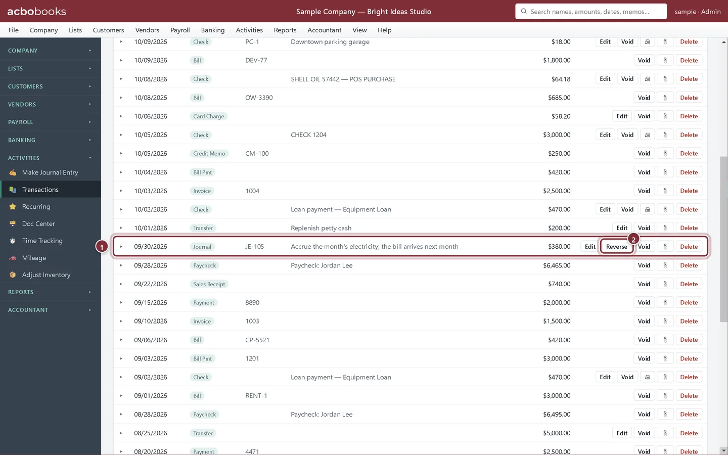Transactions list with journal entry JE-105 and its Reverse button