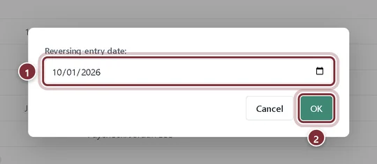 Reversing-entry date dialog with the first day of the next month filled in