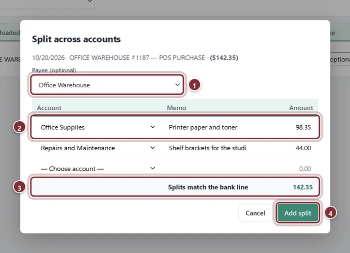 Split across accounts window: 98.35 to Office Supplies and 44.00 to Repairs and Maintenance, matching the 142.35 bank line