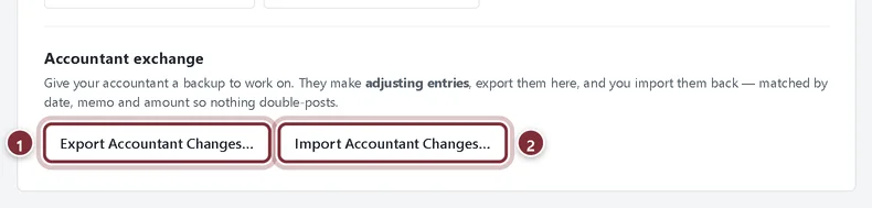 Accountant exchange section of Company Settings with Export and Import Accountant Changes buttons