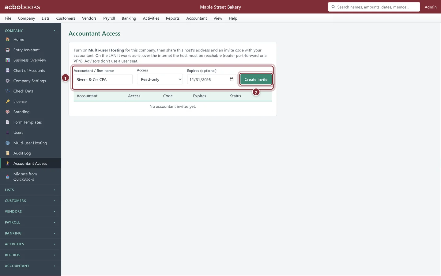 Accountant Access form filled in for Rivera & Co. CPA, read-only, expiring 31 December 2026
