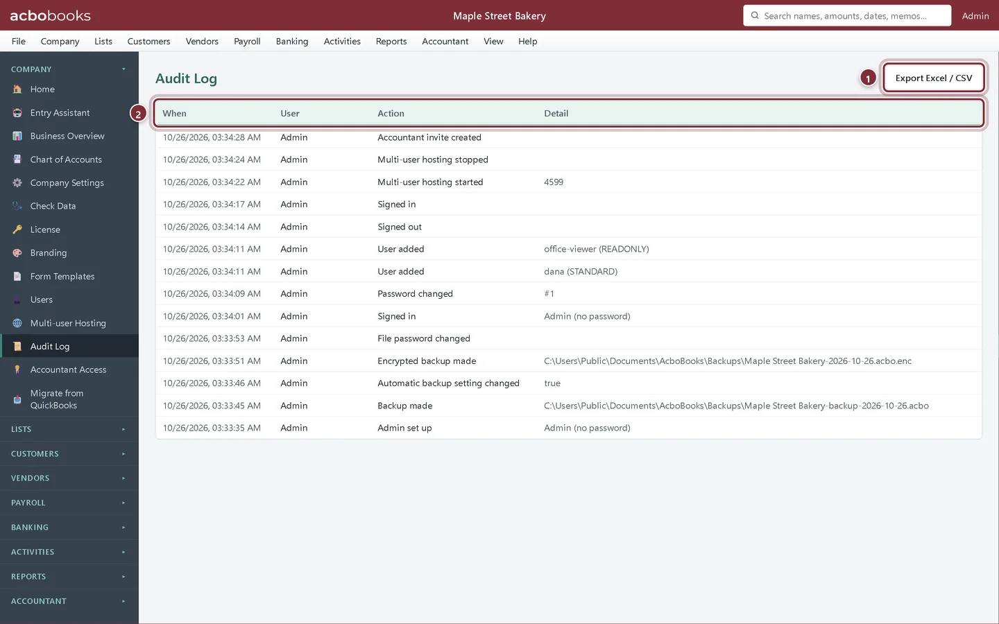 The Audit Log screen listing recent actions with time, user, action and detail