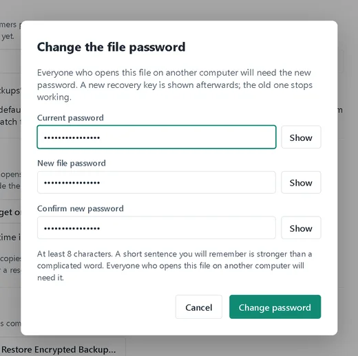 Change the file password dialog with current, new and confirm password fields