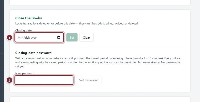 Close the Books panel with the closing date field and the closing-date password field