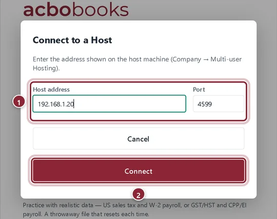 Connect to a Host dialog with host address 192.168.1.20 and port 4599