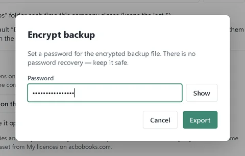 The Encrypt backup dialog with a password typed and the Export button