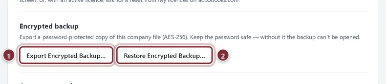 Encrypted backup section with Export Encrypted Backup and Restore Encrypted Backup buttons