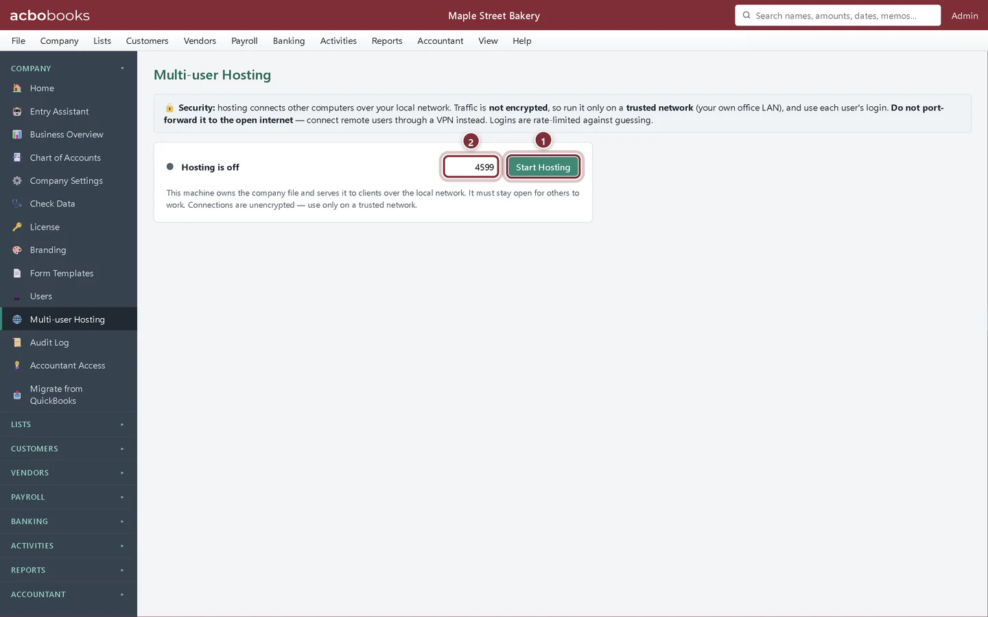 Multi-user Hosting screen with hosting off, the port box set to 4599 and the Start Hosting button