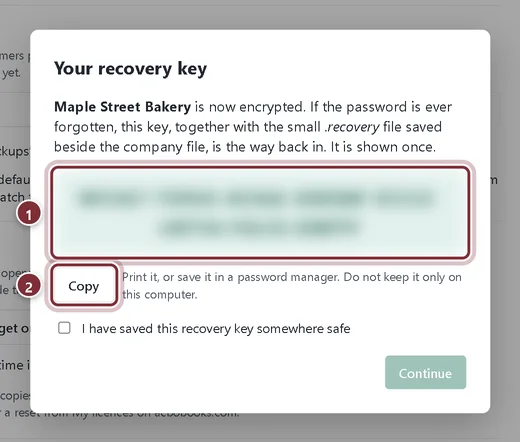 Your recovery key dialog after a password change, with the key blurred