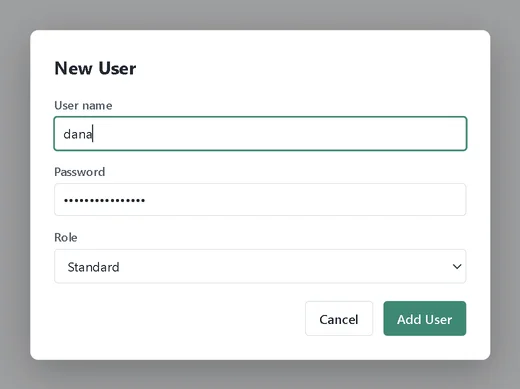 New User dialog with user name dana, a password and the Standard role